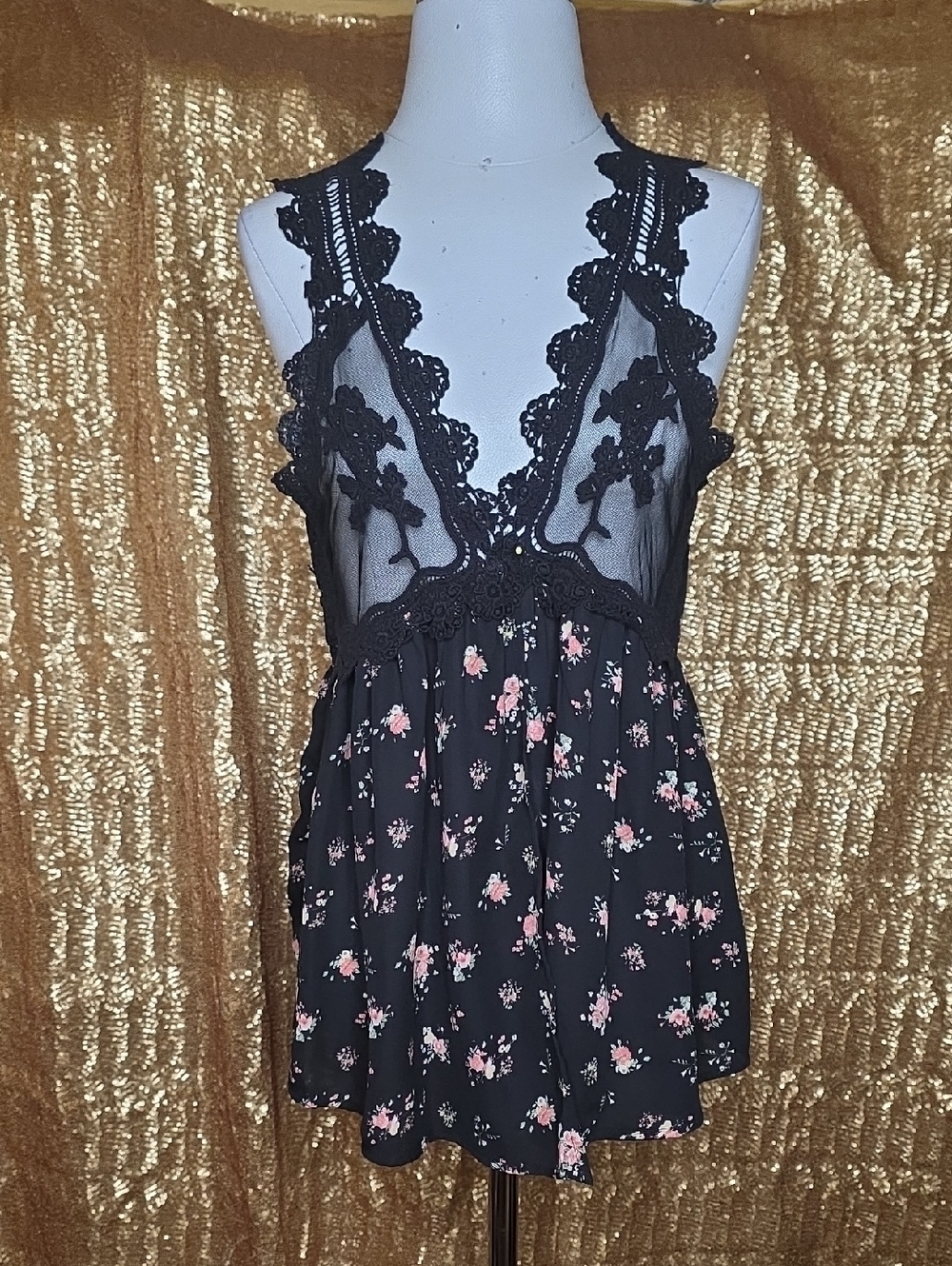 Wishful Park Black Lace Babydoll Chemise with Pink Floral Print